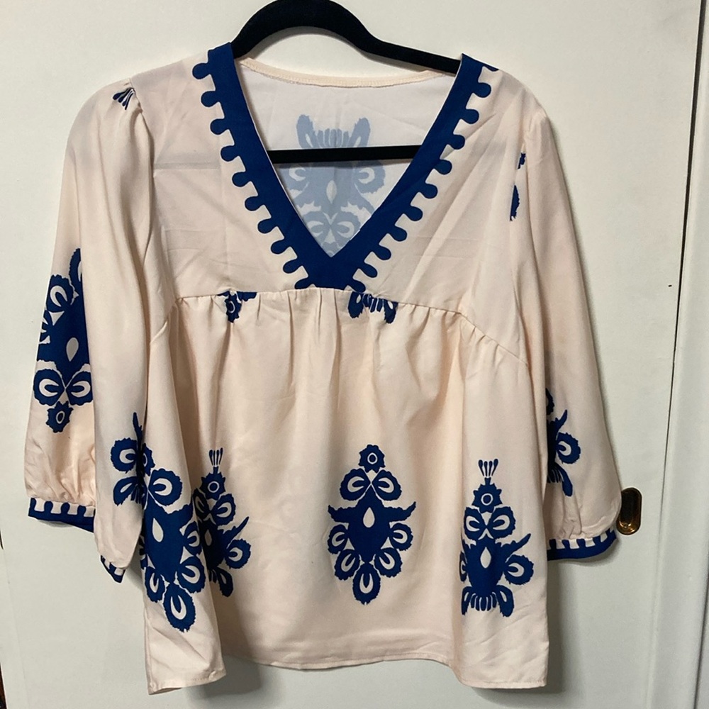 Blue and Cream Women's Top